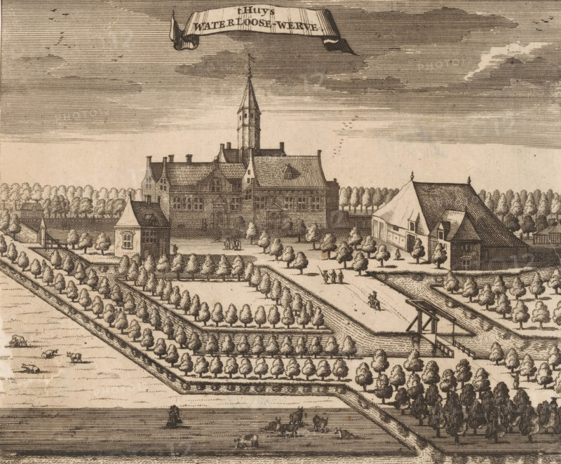 View of Waterlooswerve House, t Huys Waterloose-Werve, print, book illustration, View of Waterlooswerve House in Aagtekerke on Walcheren., publisher: Johannes Meertens (possibly), Middelburg, publisher: Abraham van Someren (possibly), Amsterdam, 1696, printmaker, paper, etching, height 133 mm x width 160 mm, A sepia-toned engraving shows a large manor with a tall central tower and steep tiled roofs surrounded by walled grounds and rows of evenly spaced trees; formal gardens with geometric beds and lined walkways extend outward, bordered by waterways crossed by a small wooden bridge; adjacent buildings with pitched roofs sit near the main house and a low wall encloses the complex; tiny human figures appear on paths and near the entrance, and small animals inhabit the open grassy areas; the sky is filled with fine horizontal shading and scattered groups of birds.