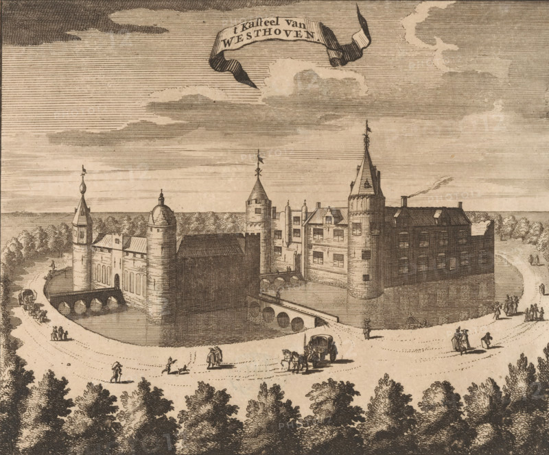 View of Westhove Castle, t Kasteel van Westhoven, print, book illustration, View of Westhove Castle near Oostkapelle on Walcheren. Numbered top right: Page 670., publisher: Johannes Meertens (possibly), Middelburg, publisher: Abraham van Someren (possibly), Amsterdam, 1696, printmaker, paper, etching, height 140 mm, width 166 mm, A detailed ink drawing of a large fortified building with multiple towers and turrets surrounded by a water-filled moat, connected to the surrounding land by arched bridges; the building shows many windows, pitched roofs, and decorative finials atop several towers. The scene includes a curved road along the moat with small groups of people walking, standing, and conversing, carriages drawn by horses, and individual figures in various poses. Trees and dense foliage frame the foreground and extend into the background, while the sky above features layered cloud formations and a flowing ribbon-like banner suspended in the air. The overall image is rendered in fine...