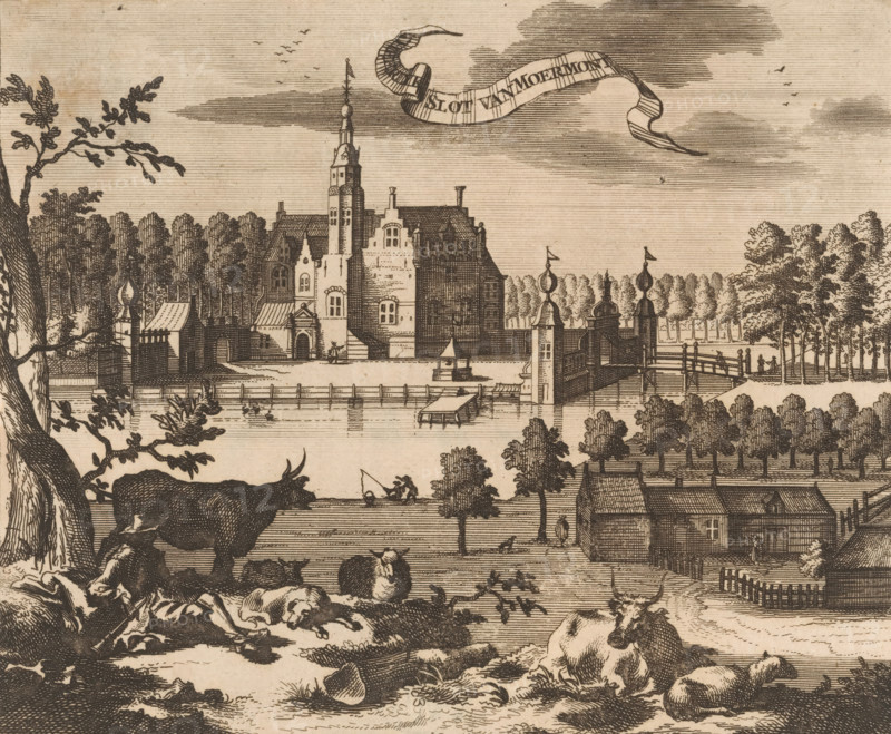 View of Moermond Castle, The Lordly Castle of Moermond, print, book illustration, View of Moermond Castle in Renesse in Zeeland. In the foreground a shepherd with cows and sheep., publisher: Johannes Meertens (possibly), Middelburg, publisher: Abraham van Someren (possibly), Amsterdam, 1696, printmaker, paper, etching, height 137 mm x width 161 mm, Originally printed from a single plate with one other image. Print in its entirety also used in: Smallegange, Mattheus. New Chronicle of Zeeland (…). Middelburg and Amsterdam: Johannes Meertens and Abraham van Someren, 1696. Current depiction later (plate possibly cut) with another depiction from the same plate and separately printed decorative border also used in: Aa, Pieter van der. La galerie agreable du monde, 66 volumes. Leiden: Pieter van der Aa, 1728, vol. 22., herding, herdsman, herdswoman, shepherd, shepherdess, cowherd, sheep, cow, castle, Renesse, Slot Moermond, A detailed engraving showing a large fortified manor with towers, ste...