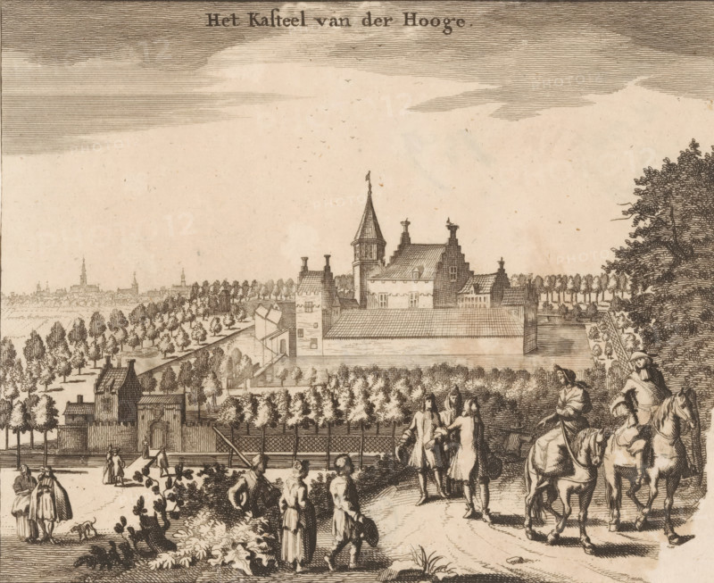 View of Ter Hooge Castle, The Castle of der Hooge, print, book illustration, View of Ter Hooge Castle in Koudekerke on Walcheren. Middelburg in the background on the left., publisher: Johannes Meertens (possibly), Middelburg, publisher: Abraham van Someren (possibly), Amsterdam, 1696, printmaker, paper, etching, engraving, height 132 mm x width 163 mm, A detailed ink landscape shows a walled estate with a large central building featuring a steep roof, stepped gables, chimneys, and a tall tower with a pointed spire; rows of trees and planted orchards extend around the estate and into the distant horizon where a low town skyline with spires and towers is visible; in the foreground several small groups of people are depicted walking and conversing on paths, some on horseback and others on foot, with figures wearing period clothing and hats; a low waterway or canal runs near the estate with a bridge and small boats, and a dense cluster of foliage and a large tree frame one side of the scen...