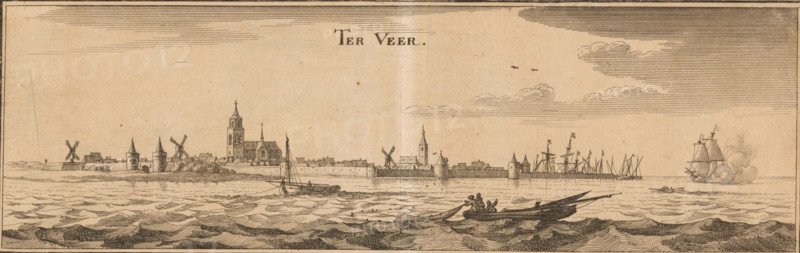 Ter Veer, View of Veere, print, seen from the water. Title at the top center., printmaker: Caspar Merian, Frankfurt am Main, 1654 - c. 1700, Hesse, paper, etching, height 106 mm x width 321 mm, Print used in: Zeiller, Martin. MZ Topographia Germaniae-Inferioris vel Circuli-Burgundici, 1659. Or in one of the two later editions of this publication which, although the year 1659 is mentioned therein as the year of publication, were published in ca. 1670 and ca. 1700 respectively., prospect of city, town panorama, silhouette of city, church (exterior), Veere, A wide coastal scene shows a fortified town with towers, walls, and clustered rooftops along the shoreline beneath a sky with layered clouds and a couple of birds. Several windmills and church towers rise above the town. In the foreground choppy waters fill the lower half of the image with wave patterns. Boats and ships occupy the water: a small rowboat with several figures near the front, a sailing vessel with a single mast closer to ...