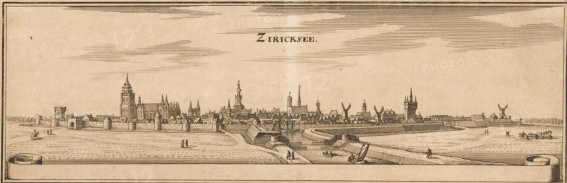 View of Zierikzee, Ziricksee, print, View of Zierikzee. Top middle the title., printmaker: Caspar Merian, Frankfurt am Main, 1654 - c. 1700, Hessen, paper, etching, height 107 mm x width 320 mm, Print used in: Zeiller, Martin. MZ Topographia Germaniae-Inferioris vel Circuli-Burgundici, 1659. Or in one of the two later editions of this publication which, although the year 1659 is mentioned therein as the year of publication, were published in ca. 1670 and ca. 1700 respectively., prospect of city, town panorama, silhouette of city, church (exterior), Zierikzee, A wide panoramic ink drawing shows a fortified town along a waterfront with a continuous stone wall punctuated by towers and gateways; behind the wall a dense array of buildings rises, including large Gothic-style churches with tall steeples and ornate roofs, clustered houses with pitched roofs, and several windmills with sails. In the foreground a broad shoreline and shallow water contain small boats, a sailboat near a ramped sto...