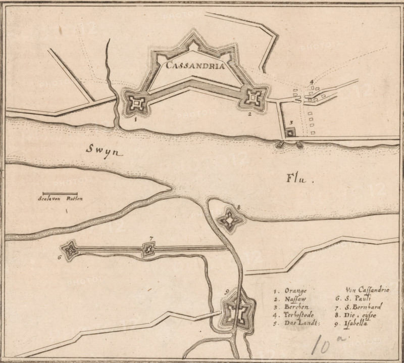 Fortress plan of Cadzand, Cassandria, area plan, print, Fortress plan of Cadzand. Lower right a German legend 1-9. Left a scale bar: Scala von 200 Ruhten., printmaker: Caspar Merian, Frankfurt am Main, after design by Johann Merck, 1654 - c. 1700, Hessen, paper, etching, height 160 mm x width 177 mm, Print used in: Zeiller, Martin. MZ Topographia Germaniae-Inferioris vel Circuli-Burgundici, 1659. Or in one of the two later editions of this publication which, although the year 1659 is mentioned therein as the year of publication, were published in ca. 1670 and ca. 1700 respectively., walls, fortified city, maps of cities, Cadzand, An aged map segment with hand-drawn fortifications and waterways on a beige background, showing star-shaped forts connected by angular ramparts and straight lines, sinuous rivers and marsh-like lines, small rectangular clusters suggesting buildings near one fort, stippled shading and hatching around the fort outlines, a framed border around the sheet, and scat...