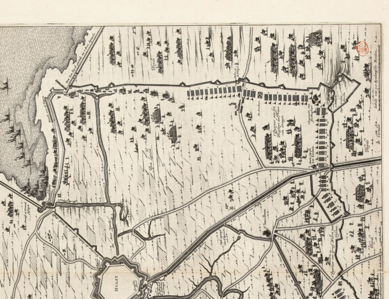 Siege of Hulst by Frederik Hendrik, 1645, The Siege of the City of Hulst by His Highness the Prince of Orange in the Year 1645, La Siege de Hulst Per Son Altesse la Prince d'Orangie, print, map, Siege and conquest of Hulst by the States Army under Frederik Hendrik from 28 September to 5 November 1645. Plan of the city of Hulst and the surrounding land with the encirclement and the besiegers' camps. Bottom left a cartouche with the legend 1-26. Bottom right a scale bar: Scale of 300 Rhineland Rods. On verso Dutch text., printmaker: workshop of Claes Jansz. Visscher (II), Amsterdam, printmaker: Pieter Hendricksz. Schut (possibly), Northern Netherlands, cartographer: Johan van Duynen, Zeeland, publisher: Johannes Willemszoon Blaeu, 1652, paper, etching, engraving, letterpress printing, etching and engraving, with text in letterpress on verso, height 441 mm x width 569 mm, Print used in: Blaeu, vol. 1., Person, Frederick Henry (Prince of Orange), maps of separate countries or regions, sieg...