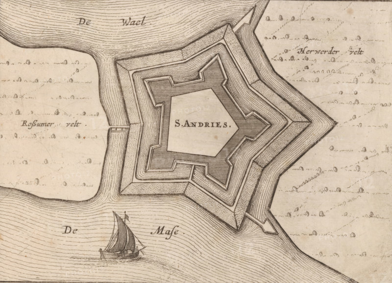 Fortress plan of Fort Sint-Andries, S. Andries, area plan, print, Fortress plan of Fort Sint-Andries near Heerewaarden. A small ship in the water., printmaker: Nicolaes van Geelkercken, publisher: Jacob van Biesen, Arnhem, 1653 - 1672, paper, etching, engraving, height 126 mm x width 168 mm, ships (in general), maps of cities, fortified city, Heerewaarden, Fort Sint-Andries, A detailed ink drawing of a star-shaped fort with layered angular bastions surrounded by concentric defensive earthworks and water channels, shown at an oblique angle; a small sailing boat with a single mast and billowing sail is depicted on the textured water near the fort, and the surrounding land contains scattered small rounded tree or shrub symbols and faint linear markings.