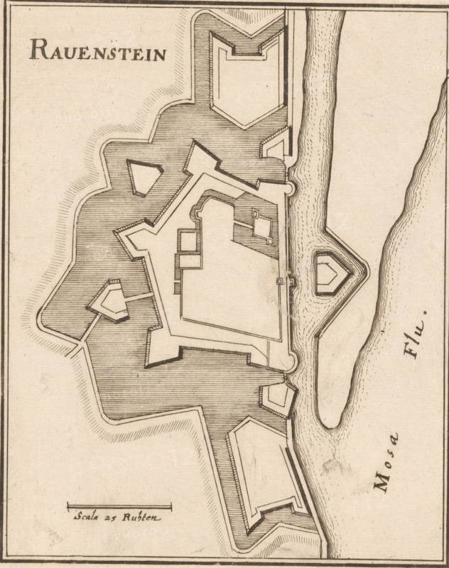 Fortress map of Ravenstein, Ravenstein, area plan, print, Fortress map of Ravenstein. Bottom left a scale stick: Scala von 25 Ruhten., printmaker: Caspar Merian, Frankfurt am Main, after design by Johann Merck, 1654 - c. 1700, Hessen, paper, etching, engraving, height 175 mm x width 142 mm, Print used in: Zeiller, Martin. MZ Topographia Germaniae-Inferioris vel Circuli-Burgundici, 1659. Or in one of the two later editions of this publication which, although the year 1659 is mentioned therein as the year of publication, were published in ca. 1670 and ca. 1700 respectively., maps of cities, fortified city, An aged map section rendered in sepia tones showing a star-shaped fortified structure with angular bastions and shaded hatching indicating ground or water around it, a meandering river drawn with textured lines alongside the fort, a smaller isolated pentagonal fortification within the river, decorative border lines framing the sheet, and a large bold title word at the top left.