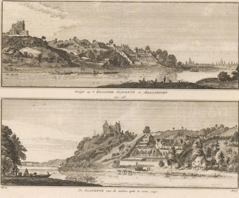 Two views of the Slavante Monastery near Maastricht, View of the Slavante Monastery and Maastricht, The Slavante seen from the other side, 1740, print, book illustration, Two views of the Slavante Monastery and Maastricht, in the situation around 1740., printmaker: Hendrik Spilman, Haarlem, after drawing by Jan de Beijer, 1746 - 1792, paper, etching, engraving, height 168 mm x width 214 mm, Print also used in: Het verheerlykt Nederland or cabinet of contemporary views of cities, villages (…). 9 volumes. Amsterdam: Isaak Tirion and widow Isaak Tirion, 1745-1774, vol. 2 (1746), ill. 133-134 and 135-136. Or in: Nederlandsche tafereelen, of eene netjese collectie van negen honderd fijnje gezigten van steden, dorpen, sloten, oudheden (….). 9 volumes. Amsterdam: Jan de Groot, 1792, ill. 133-134 and 135-136., prospect of city, town panorama, silhouette of city, cloisters, monastery, Maastricht, A detailed engraved landscape showing two horizontal panels of a riverside scene with rocky hills a...