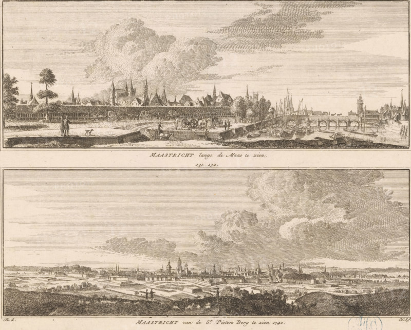 Two views of Maastricht, from the Meuse and from the Sint-Pietersberg, Maastricht seen along the Meuse, Maastricht seen from the St. Pieters Berg 1740, print, book illustration, Two views of Maastricht. Above seen from the Meuse. Below seen from the Sint-Pietersberg, in the situation around 1740., printmaker: Hendrik Spilman, Haarlem, after drawing by Jan de Beijer, 1746 - 1792, paper, etching, engraving, height 168 mm x width 219 mm, Print also used in: Het verheerlykt Nederland of kabinet van hedendaagsche gezigten van steden, dorpen (…). 9 volumes. Amsterdam: Isaak Tirion and widow Isaak Tirion, 1745-1774, vol. 2 (1746), ill. 129-130 and 131-132. Or in: Dutch Scenes, or a refined collection of nine hundred fine views of cities, villages, castles, antiquities (….). 9 volumes. Amsterdam: Jan de Groot, 1792, ill. 129-130 and 131-132., prospect of city, town panorama, silhouette of city, Maastricht, A horizontal sepia-toned etching showing two panoramic cityscapes stacked vertically, ea...