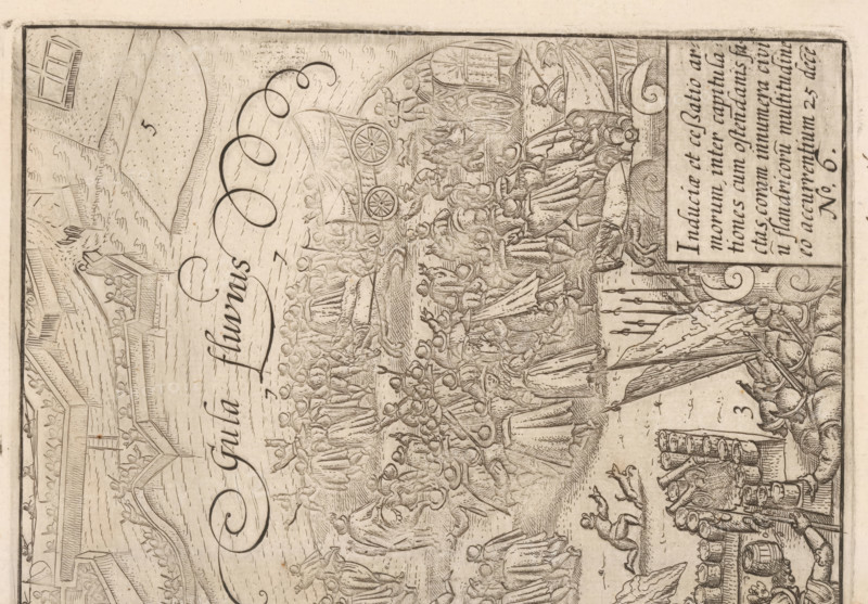 Siege of Ostend: the peace negotiations on December 23-25, 1601, Induciae et cessatio armorum, inter capitulationes cum Ostendans, print, between the States Army in the city and the besieging troops of Archduke Albert. The people have gathered on both sides of the fortress walls and the river. In the lower right, a cartouche with an inscription in Latin. Numbered in the lower right: 6., printmaker: Baptista van Doetechum (possibly), 1601 - 1604, 1615, paper, etching, height 171 mm x width 241 mm, A detailed line drawing shows a crowded scene with many small figures wearing varied headgear and cloaks, some standing and some seated, gathered along a shoreline and aboard several rowed boats and carriages with large wheels; tents or awnings and flags appear among the figures, and there are groups of people clustered around barrels and stacked objects near the water; architecture with balconies and crowds is visible along the upper edge, and the composition is filled with intricate hatch ma...
