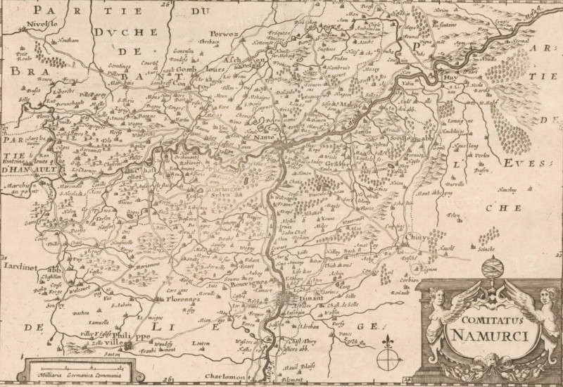 Map of the County of Namur, Comitatus Namurci, print, map, Map of the County of Namur. Title cartouche in the lower right. In the lower left a cartouche with scale bar: 3 Milliaria Germanica Communia. The map features a degree scale along the edges. Numbered to the left of the title cartouche: 24., printmaker, Pieter van der Slaart, Pieter van Alphen, Jacob Aertsz. Colom (I), paper, engraving, etching, height 154 mm x width 226 mm, This state of print also used in: De vyerighe colom klaer vertoonende in vyftich onderscheydene curieuse caarten de XVII. Nederlantsche Provincien (…). Amsterdam: Jacob Aertsz Colom (I), ca. 1660. And in later editions with the plates of this publication, published by Pieter van Alphen (1691) and Pieter van der Slaart (1696). Earlier state of print (without '24' bottom right) also used in earlier printings of this publication., maps of separate countries or regions, Namur (county), A sepia-toned historical map showing a densely labeled region with winding ri...