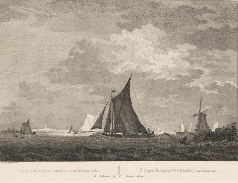 Ships on the IJ near Blauwhoofd in Amsterdam, 1762, t' Y by t' Blaauw-Hooft te Amsterdam 1762, l' Y pres le Blaauw-Hooft a Amsterdam, print, View of the IJ near Blauwhoofd with sailing ships. On the right, one of the city's wastewater mills and two fishermen in a rowboat. Below the image, the title in Dutch and French. Numbered in the upper right: 42., printmaker: Paulus van Liender, publisher: Pierre Fouquet, Amsterdam, 1762 - 1783, paper, etching, engraving, height 286 mm x width 394 mm, A wide seascape rendered in fine monochrome lines showing a large sailboat with dark sails near the center foreground, additional smaller sailing vessels spread across the water, a windmill on the right shoreline, distant low-lying buildings along the horizon, textured rippling water in the foreground, a partly cloudy sky with layered cloud formations, and a shoreline area on the right with grasses and a small figure near the water.