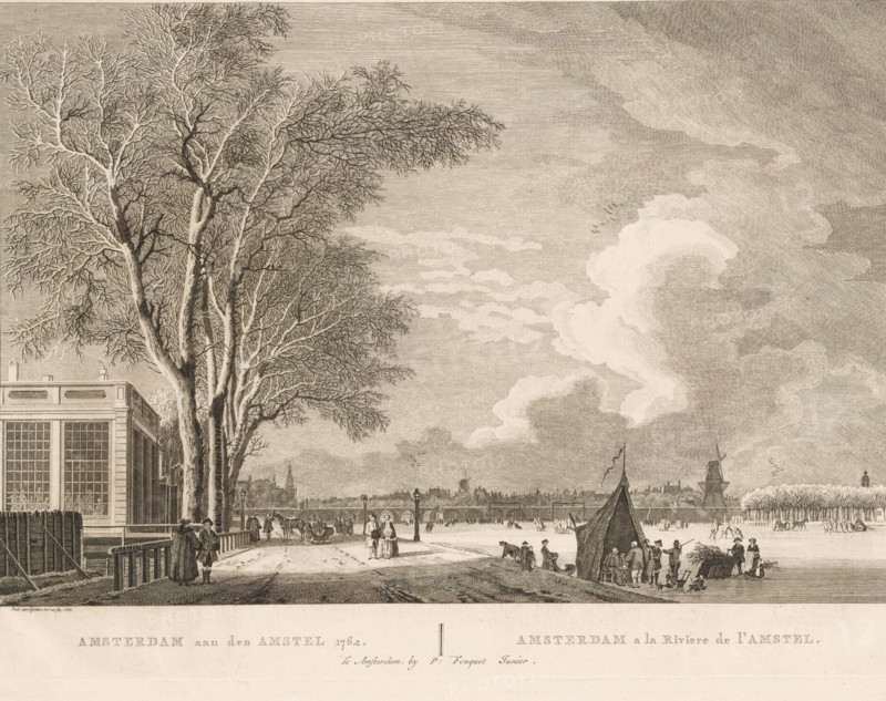 Amsterdam on the Amstel 1762, Amsterdam a la Riviere de l'Amstel, View of the frozen Amstel in Amsterdam, 1762, print, View of the frozen Amstel in Amsterdam with skating figures and sledders on the ice, and walking figures on the quay. On the left, the Amsteldijk with the inn De Berebijt seen towards the Hogesluis. On the right in the background, the windmill De Bul on the Oosterblokhuis bulwark. Below the image, the title in Dutch and French. Numbered in the upper right: 2., printmaker: Paulus van Liender, after design by Paulus van Liender, publisher: Pierre Fouquet, Amsterdam, 1762 - 1783, Paulus van Liender, Pierre Fouquet, printmaker, publisher, paper, etching, engraving, height 280 mm x width 392 mm, A wide sepia-toned engraving showing tall leafless trees beside a large building with tall windows at the left edge, a paved path lined with lamp posts and people walking, a frozen river or ice expanse across the middle with small groups of figures skating and standing, a tent-like ...