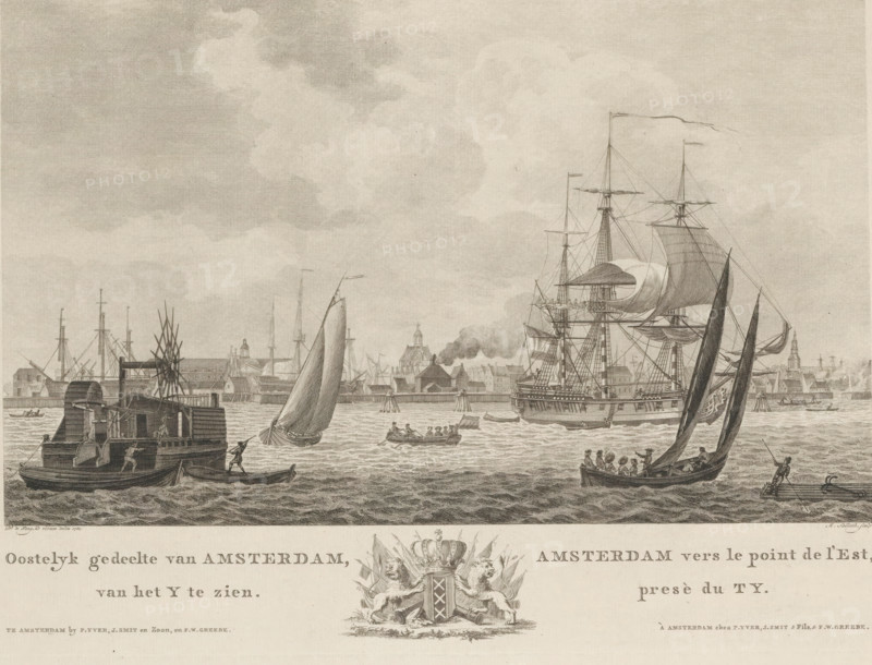 Eastern part of Amsterdam, seen from the IJ, Amsterdam vers le point de l'Est, presè du Ty, View of the eastern part of Amsterdam from the IJ, print, View of the eastern part of Amsterdam, seen from the IJ. In the foreground ships are sailing, in the distance the outlines of Amsterdam. In the margin the title in Dutch and French with the city's coat of arms in the center. Numbered top right: 6., printmaker: Mathias de Sallieth, after drawing by Dirk de Jong, publisher: Pieter Yver, Amsterdam, publisher: Smit & Zoon, Johannes, publisher: Frederik Willem Greebe, 1780 - 1787, paper, etching, engraving, height 280 mm x width 392 mm, Later state of print, also used in: Aa, Cornelis van der. Atlas van de zeehavens der Bataafsche Republiek. Met derzelverbeschrijvingen in XXXI kunstplaten, Atlas van de zeehavens der Bataafsche Republiek, die van Batavia en Onrust. Mitsgaders de gezichten van de haringvisscherij en de walvischvangst (…). Amsterdam: Evert Maaskamp, 1805. And in: New atlas of the...