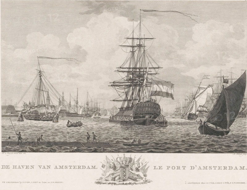 The Port of Amsterdam, Le port d'Amsterdam, View of the Port of Amsterdam, print, View of the Port of Amsterdam with various ships. In the distance the outlines of Amsterdam. In the margin the title in Dutch and French with the city's coat of arms in the center. Numbered top right: 5., printmaker: Mathias de Sallieth, after drawing by Dirk de Jong, publisher: Pieter Yver, Amsterdam, publisher: Smit & Zoon, Johannes, publisher: Frederik Willem Greebe, 1780 - 1787, paper, etching, engraving, height 281 mm x width 394 mm, Later state of print also used in: Aa, Cornelis van der. Atlas van de zeehavens der Bataafsche Republiek. Met derzelverbeschrijvingen in XXXI kunstplaaten, Atlas van de zeehavens der Bataafsche Republiek, die van Batavia en Onrust. Mitsgaders de gezichten van de haringvisscherij en de walvischvangst (…). Amsterdam: Evert Maaskamp, 1805. And in: New atlas of the most important buildings and views of the city of Amsterdam. With their concise descriptions. Amsterdam: Evert ...