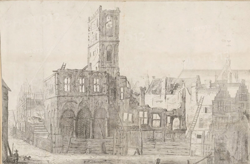 Ruins of the burned-down Old City Hall of Amsterdam, 1652, print, The ruins of the Old City Hall of Amsterdam after the fire of July 7, 1652. With ladders here and there against the facade, on the left a guard with a dog. In the background on the right the Nieuwe Kerk., inscription: 'The Old City Hall of Amsterdam, as it appeared after the fire', printmaker: Arnold Colom, Amsterdam, materials by function, paper, pencil, ink, etching, pen, brush, with pencil and pen and brush in brown, height 253 mm x width 382 mm, height 288 mm x width 416 mm, A detailed ink drawing of a street scene with a partially ruined multi-story stone building featuring arched openings at ground level and tall rectangular windows above, a tall tower with narrow arched openings rising behind it, adjacent damaged roofs with visible tiles and missing sections, scaffolding and ladders leaning against structures, boarded and fenced wooden barriers in front of the buildings, a stepped gable roof on a neighboring house...