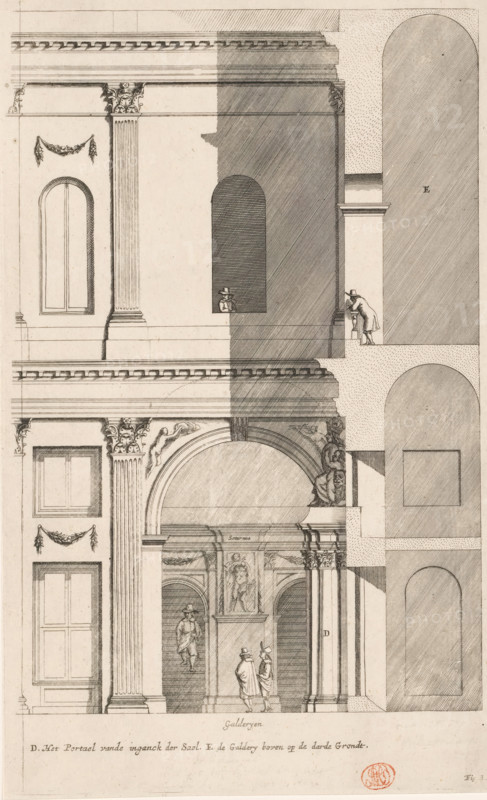 North side of the Civic Hall in the City Hall on the Dam (right part), De Groote Burger-Sael Aende Noorder Syde, print, book illustration, Right part of a print of the north side of the Civic Hall in the City Hall on the Dam in Amsterdam, consisting of two parts. Below the legend DE. Marked in the lower right: Fig. S. 2., printmaker: Dancker Danckerts (possibly), Amsterdam, printmaker: Cornelis Danckerts (I) (possibly), after drawing by Jacob Vennekool, after design by Jacob van Campen, after sculpture by Artus Quellinus (I), 1661, Artus Quellinus (I), after sculpture by, paper, etching, engraving, height 398 mm x width 248 mm, A vertical architectural engraving shows a classical façade with ornate columns, pilasters, and decorative cornices. The left side displays window openings with framed panels and garland motifs, fluted columns with Corinthian capitals, and an arched entrance with sculptural reliefs and statues visible within a recessed space. Figures in period clothing stand nea...