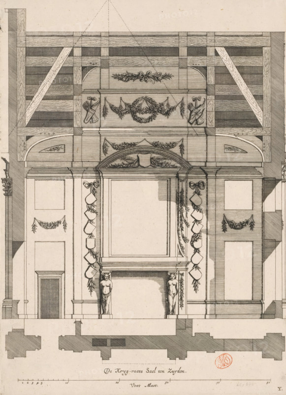Southern wall of the War Council Chamber in the City Hall on the Dam, De Kryg-raets Sael ten Zuyden, print, book illustration, The southern wall of the War Council Chamber in the City Hall on the Dam in Amsterdam, provided with decorations. This room was located above the Magistrates' Hall. Below the title a scale bar: 50 Foot Maet. Marked bottom right: Y., printmaker: Dancker Danckerts (possibly), Amsterdam, printmaker: Cornelis Danckerts (I) (possibly), after drawing by Jacob Vennekool, after design by Jacob van Campen, publisher: Dancker Danckerts, 1661, Dancker Danckerts, Cornelis Danckerts (I), Jacob Vennekool, Jacob van Campen, printmaker, after drawing by, after design by, publisher, paper, etching, engraving, height 377 mm x width 271 mm, A detailed architectural drawing rendered in fine pen lines showing a symmetrical interior wall elevation with a large central opening framed by pilasters and an ornate overmantel topped by a decorative arch, flanked by panels and doors, with ...