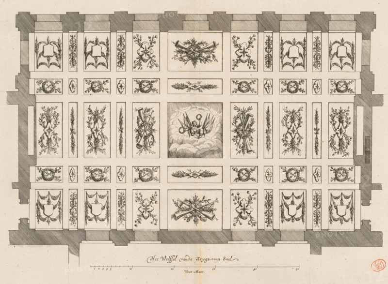 The Vault of the War Council Hall, Ceiling of the War Council Hall in the City Hall on the Dam, print, book illustration, Ceiling of the War Council Hall in the City Hall on the Dam in Amsterdam. This hall was located above the Magistrates' Hall. Below the title a scale bar: 50 Feet Maet. Marked bottom right: Z., printmaker: Dancker Danckerts (possibly), Amsterdam, printmaker: Cornelis Danckerts (I) (possibly), after drawing by Jacob Vennekool, after design by Jacob van Campen, publisher: Dancker Danckerts, 1661, Dancker Danckerts, Cornelis Danckerts (I), Jacob Vennekool, Jacob van Campen, printmaker, after drawing by, after design by, publisher, paper, etching, engraving, height 372 mm x width 498 mm, A rectangular architectural plan shows a grid of decorative rectangular panels arranged within a bordered frame, each panel containing intricate engraved motifs such as floral garlands, wreaths, crossed horns, leafy sprays, and stylized medallions. The outer border is rendered with hatch...