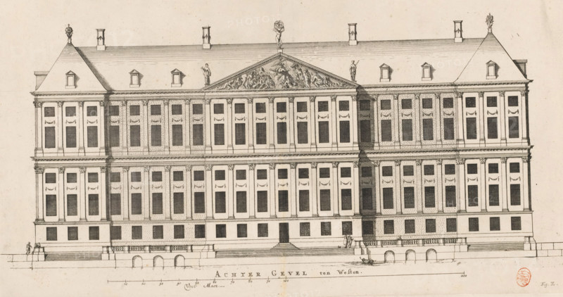 Rear facade (west side) of the City Hall on the Dam, Rear Facade to the West, print, book illustration, Rear facade on the west side of the City Hall on the Dam in Amsterdam. Below the title a scale bar: 200 Feet Maet. Marked in the lower right: Fig. E., printmaker: Dancker Danckerts (possibly), Amsterdam, printmaker: Cornelis Danckerts (I) (possibly), after drawing by Jacob Vennekool, after design by Jacob van Campen, 1661, paper, etching, engraving, height 412 mm x width 516 mm, A detailed architectural drawing of a large symmetrical building facade with three main floors and an attic level under a steep hipped roof, rendered in fine black lines on a light background. The facade shows rows of tall rectangular windows set within pilastered bays, decorative garland motifs above many window openings, and evenly spaced Corinthian-style capitals along the cornice lines. A central pediment with sculptural relief sits above the main entablature, flanked by standing statues on the roofline a...