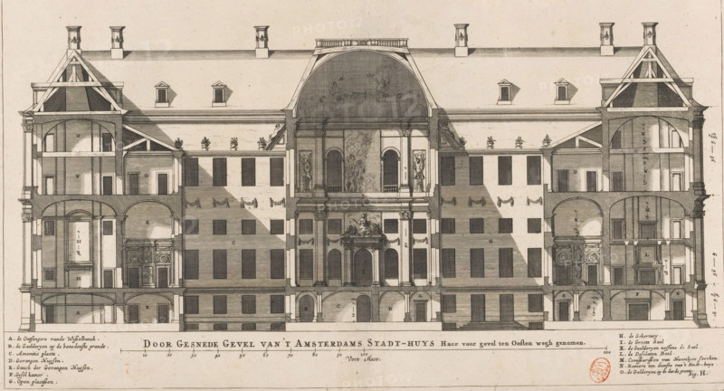 Cross-sectioned Facade of the Amsterdam City Hall. Its front facade to the east removed, Cross-section of the City Hall on the Dam, lengthwise, print, book illustration, Longitudinal section of the City Hall on the Dam in Amsterdam. Shows a view of part of the interior and the courtyard facade of the rear (western) part of the building, viewed from the east. Bottom left the legend AG. Bottom center the title and a scale bar: 200 Voet Maet. Bottom right the legend HO. Bottom right in the corner marked: Fig. H., printmaker: Dancker Danckerts (possibly), Amsterdam, printmaker: Cornelis Danckerts (I) (possibly), after drawing by Jacob Vennekool, after design by Jacob van Campen, 1661, paper, etching, engraving, height 398 mm x width 485 mm, A sepia-toned architectural engraving shows a large symmetrical building façade cut away to reveal interior rooms and structural details. The central section features a grand arched opening with decorative reliefs and statues above an ornate entrance fl...
