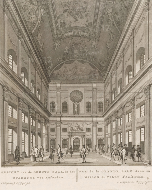 West side of the Civic Hall in the City Hall on the Dam, View of the Great Hall, in the City Hall of Amsterdam, Vue de la Grande Sale, dans la Maison de Ville d'Amsterdam, print, The west side of the Civic Hall in the City Hall on the Dam in Amsterdam. In the background in the center, the entrance to the Magistrates' Hall. Above it in the center, Justitia (Justice), beneath her feet King Midas as the personification of Greed and Invidia, the personification of Envy and Jealousy. To the left of Justitia, Death, to the right the personification of Punishment. Above that, the statue of Atlas. Various figures are walking and talking in the hall. Below the image, the title in Dutch and French. Numbered top right: 4*., printmaker: Cornelis Bogerts, Amsterdam, after drawing by Hendrik Keun, publisher: Pierre Fouquet, 1771 - 1783, paper, etching, engraving, height 368 mm x width 305 mm, A large, high-ceilinged hall with ornate architectural details and tall arched windows lining both long side...