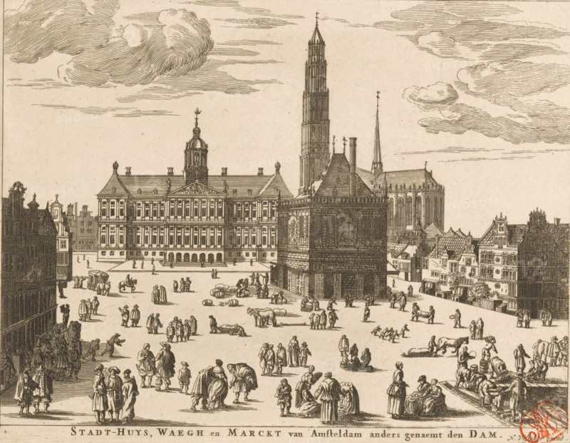 View of the City Hall, the Nieuwe Kerk and the Weigh-House on the Dam in Amsterdam, Stadt-Huys, Waegh en Marckt van Amsteldam anders genaemt den Dam, print, View of the Dam in Amsterdam. To the left of the center the City Hall. To the right of the center the Nieuwe Kerk with the never completed tower, in front of it the Weigh-House., printmaker, paper, etching, engraving, height 148 mm x width 193 mm, church (exterior), townhall, parts of church exterior and annexes: tower, weigh-house, Amsterdam, Dam (Amsterdam), Nieuwe Kerk (Amsterdam), City Hall of Amsterdam (1655-1808), Weigh-House on the Dam, A wide sepia-toned engraving depicting a large open square filled with small groups of people walking, standing, and engaging in market activities, with scattered animals and carts; in the background a grand multi-story building with a central dome and ornate façade faces the square, flanked by other tall structures including a tall, slender tower and a church with pointed spire; closer to th...