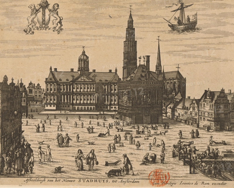 Image of the New Town Hall, in Amsterdam, View of the Town Hall, the New Church and the Weigh House on the Dam in Amsterdam, print, View of the Dam in Amsterdam. To the left of the center the Town Hall. To the right of the center the New Church with the never completed tower, in front of it the Weigh House. Top left the coat of arms of the city, top right the representation of the city seal., printmaker, publisher, grantor of privilege, Amsterdam, paper, etching, engraving, height 155 mm x width 197 mm, church (exterior), townhall, parts of church exterior and annexes: tower, coat of arms (as symbol of the state, etc.) (city, municipal), weigh-house, seal (as symbol of the state, Dam (Amsterdam), New Church (Amsterdam), Town Hall of Amsterdam (1655-1808), Weigh House on the Dam, A wide plaza scene rendered in a monochrome etching style shows a large classical building with a central dome and rows of windows, flanked by towers and steeply pitched roofs, and a tall multi-tiered tower ris...