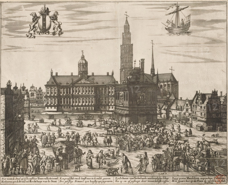 View of the City Hall, the Nieuwe Kerk, and the Waag on the Dam in Amsterdam, print, View of the Dam in Amsterdam. To the left of the center, the City Hall. To the right of the center, the Nieuwe Kerk with the never-completed tower; in front of it, the Waag. Top left, the city's coat of arms; top right, a depiction of the city seal. Front left, the business of Hendrick Hondius II, 'de Wackere Hond', with a dog as a trademark on the facade. On the Dam, market traders and merchants; goods on the quay in the foreground on the right. In the caption an eight-line verse in Dutch., printmaker, publisher, writer (clerical worker), Amsterdam, paper, etching, engraving, height 290 mm x width 358 mm, dog, church (exterior), town hall, parts of church exterior and annexes: tower, coat of arms (as symbol of the state, etc.) (city, municipal), weigh-house, seal (as symbol of the state, Dam (Amsterdam), Nieuwe Kerk (Amsterdam), Amsterdam City Hall (1655-1808), Weigh House on the Dam, A detailed black...