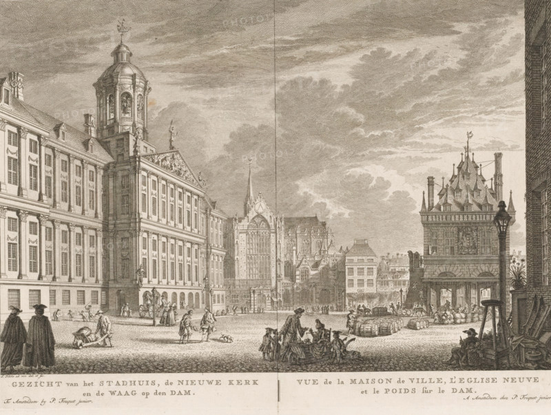View of the City Hall, the New Church and the Weigh House on the Dam, Vue de la Maison de Ville, l'Eglise Neuve et le Poids sur le Dam, the New Church and the Weigh House on the Dam in Amsterdam, print, View of the Dam in Amsterdam, seen from the south. On the left the City Hall, in the middle the New Church, on the right the Weigh House. Below the image the title in Dutch and French. Numbered at the top right: 3., printmaker: Simon Fokke, Amsterdam, after design by, publisher: Pierre Fouquet, 1762 - 1783, Pierre Fouquet, printmaker, publisher, paper, etching, engraving, height 282 mm x width 386 mm, This print was also used in the so-called Atlas of Fouquet.* From 1760 onwards, Pierre Fouquet published cityscapes of Amsterdam – based on drawings by various artists, made by various printmakers. These prints were initially sold individually or in series. As was customary at the time, the buyer could have the prints bound themselves. To this end, between 1778 and 1783, Fouquet published ...