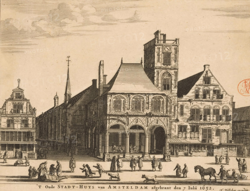 The Old Town Hall of Amsterdam burned down on July 7, 1652, View of the Old Town Hall in Amsterdam, print, View of the Old Town Hall in Amsterdam on the west side of the Dam. On the far left the first house of the Kalverstraat, to the right of that the Gasthuissteeg., after painting by Pieter Jansz Saenredam (possibly), Amsterdam, publisher: Nicolaes Visscher (I), publisher: widow Nicolaes Visscher (II), 1652 - 1720, printmaker, paper, etching, engraving, height 149 mm x width 196 mm, townhall, Dam (Amsterdam), Amsterdam City Hall (14th century-1652), Kalverstraat, St. Elisabeth's Hospital (Amsterdam), A detailed ink drawing of a row of buildings with ornate facades and varied rooflines, including a central structure with arched openings at ground level, a steep gabled roof, decorative window frames, and a tall tower rising behind it with a clock face; adjacent buildings show stepped gables, multiple windows, and a narrow spire with a weather vane. The foreground shows a street scene w...
