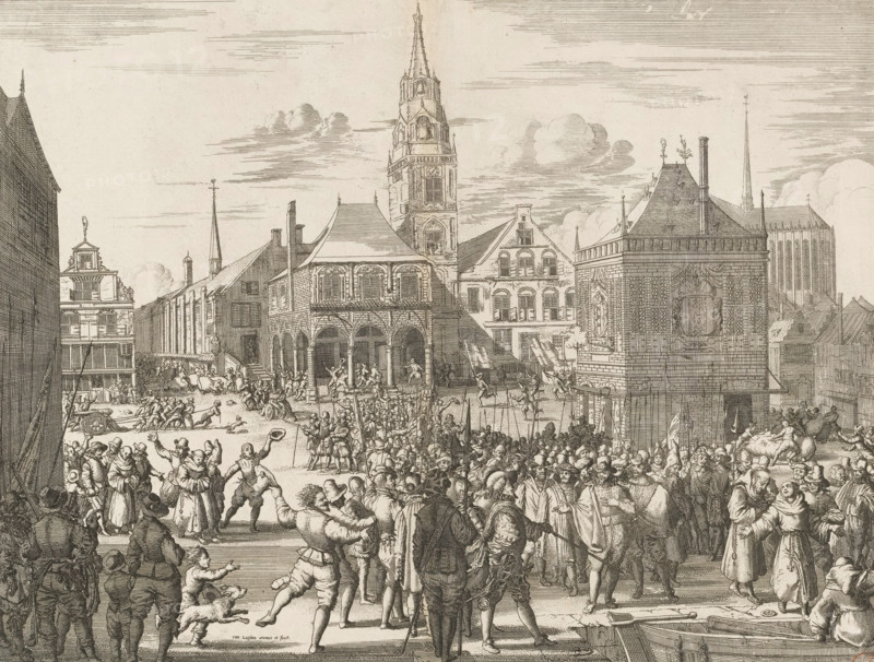The image of how the Magistracy and Clergy of the city of Amsterdam were escorted out and brought aboard on May 26, 1578, Alteration of Amsterdam, May 26, print, historical print, 1578. The pro-Spanish city government and the Roman Catholic clergy are forced to leave; on the quay at the Dam, they board waiting boats., printmaker: Jan Luyken, Amsterdam, 1679, 1703, paper, etching, height 271 mm x width 344 mm, A densely detailed ink engraving shows a bustling town square filled with many people engaged in varied activities; there are groups of figures clustered in the foreground, some gesturing, some carrying long poles, and others wearing cloaks and wide-brimmed hats, with a dog among them. In the middle ground a crowd forms around a procession of armed men carrying pikes and banners, and farther back there is a lively scene of people running, carts being pulled, and figures climbing or standing on raised platforms beneath arcaded buildings. The architecture includes a prominent multi-...