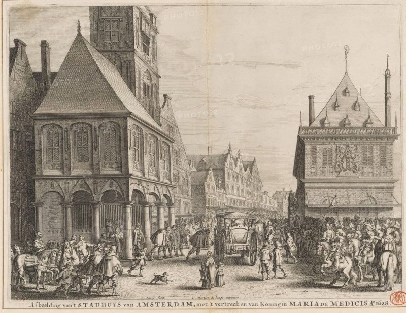 Departure of Maria de' Medici from Amsterdam, September 5, 1638, Festivities during the visit of Maria de' Medici to Amsterdam in 1638, print, book illustration, Series number, 16, The departure of the queen on September 5, 1638. The four Amsterdam mayors bid farewell to Maria de' Medici on the Dam between the Old Town Hall and the Weigh House. In the foreground, a dog. Plate 16 of the illustrations accompanying the description of the festivities surrounding the visit of Maria de' Medici to Amsterdam from August 31 to September 5, 1638., inscription: 'Image of the Amsterdam Town Hall, with the departure of Queen Maria de Medici. Ao. 1638', printmaker: Salomon Savery, Amsterdam, after drawing by Jan Martens the Younger, publisher: Johannes Willemszoon Blaeu, publisher: Cornelis Blaeu, materials by function, paper, ink, etching, engraving, pen, etching and engraving, with pen in black, height 285 mm x width 377 mm, height 295 mm x width 387 mm, Print also used in:* Baerle, Caspar van. Me...