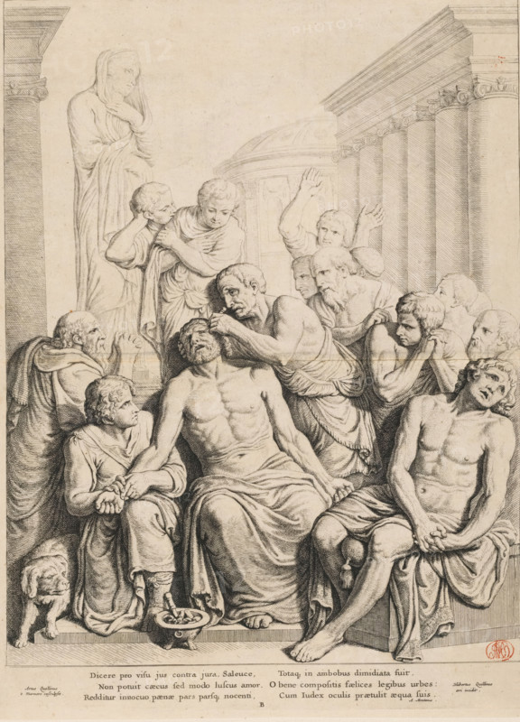 Relief depicting the Judgment of Zaleucus in the Vierschaar of the City Hall on the Dam, print, book illustration, Relief depicting the Judgment of Zaleucus in the Vierschaar of the City Hall on the Dam in Amsterdam. Lawgiver Zaleucus, seated in the center, while one of his eyes is being gouged out. On the right sits his son, who would follow him. Zaleucus was responsible for the introduction of strict laws. Adultery was thus punished by the gouging out of both eyes of the offender. When his own son was caught in adultery, he decided to take half the punishment upon himself, and one eye was gouged out of both himself and his son. The Vierschaar was a public court used by the bailiff and aldermen solely for pronouncing death sentences. Below the image are two columns with three lines of Latin text. Marked in the bottom center: B., printmaker: Hubert Quellinus, Amsterdam, after sculpture by Artus Quellinus (I), publisher: Artus Quellinus (I), 1655, after sculpture by, paper, etching, eng...