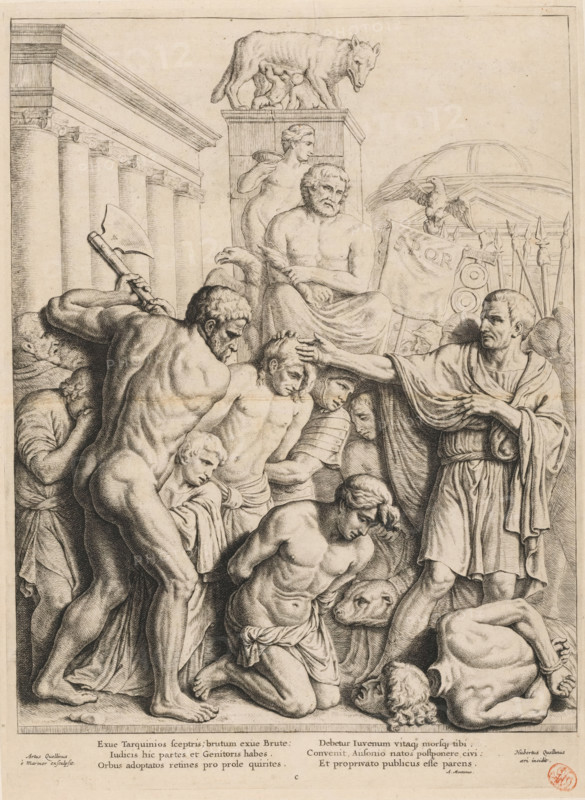 Relief depicting the Judgment of Lucius Junius Brutus in the Vierschaar of the City Hall on the Dam, print, book illustration, Relief depicting the Judgment of Lucius Junius Brutus in the Vierschaar of the City Hall on the Dam in Amsterdam. Consul Lucius Junius Brutus, standing on the right, signals the executioner to carry out the sentence and behead his son. His other son has already been beheaded and lies at his feet. When a plot against the young Roman Republic came to light and Brutus' sons Titus and Tiberius turned out to be among the conspirators, he condemned them—just like the others—to death. The Vierschaar was a public court used by the bailiff and aldermen solely for pronouncing death sentences. Below the image are two columns with three lines of Latin text. Marked in the bottom center: C., printmaker: Hubert Quellinus, Amsterdam, after design by Hubert Quellinus, after sculpture by Artus Quellinus (I), publisher: Artus Quellinus (I), 1655, Hubert Quellinus, Artus Quellinus...