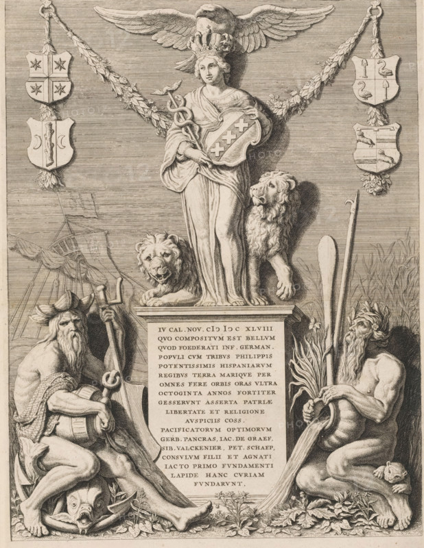 Sculpture group with the Amsterdam City Maiden, river gods, and inaugural text in the Courtroom of the City Hall on the Dam, print, book illustration, Sculpture group on the northern wall of the Courtroom in the City Hall on the Dam in Amsterdam. In the center, the Amsterdam City Maiden on a pedestal. On her head the imperial crown and an eagle, in her hands the coat of arms of the city and a caduceus, at her feet two lions. To her left the coats of arms of Gebrand Pancras (above) and Sybrant Valckenier (below), to her right the coats of arms of Jacob de Graeff (above) and Pieter Schaep (below). These four Amsterdam regents, all sons or nephews of the sitting mayors from the year 1648, laid the foundation stone of the city hall in that same year. On the pedestal the inaugural text, which refers to the Peace of Münster and the laying of the foundation stone. To the left of the pedestal is the river god (personification) of the IJ, with, among other things, a ship's crown, fishing net, a...