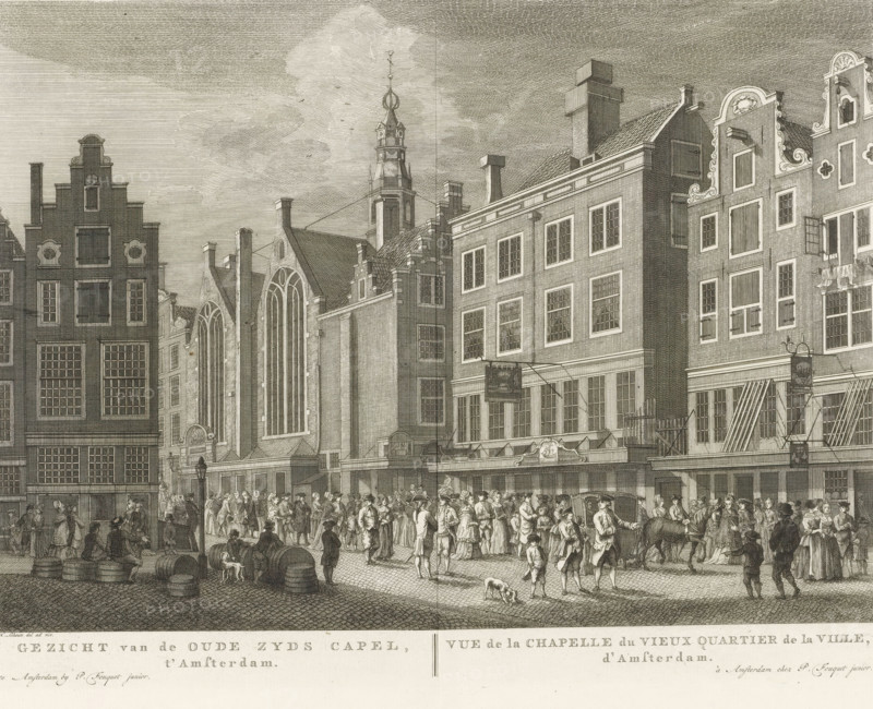 View of the St. Olof's Chapel (Oudezijds Chapel) in Amsterdam, View of the Oude Zyds Capel, t' Amsterdam, Vue de la Chapelle du Vieux Quartier de la Ville, d' Amsterdam, print, View of the St. Olof's Chapel, also known as the Oudezijds Chapel, on the Zeedijk side in Amsterdam. Seen from the Prins Hendrikkade. Below the image, the title in Dutch and French. Numbered in the upper right: 47., printmaker: Hermanus Petrus Schouten (possibly), Amsterdam, publisher: Pierre Fouquet, c. 1770 - 1783, paper, etching, engraving, height 287 mm x width 374 mm, This print was also used in the so-called Atlas of Fouquet.* From 1760 onwards, Pierre Fouquet published cityscapes of Amsterdam – based on drawings by various artists, made by various printmakers. These prints were initially sold individually or in series. As was customary at the time, the buyer could have the prints bound themselves. To this end, between 1778 and 1783, Fouquet published a title page, map, and table of contents of the 100 pri...