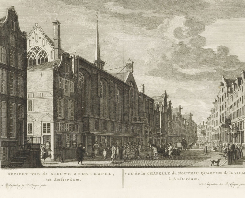 View of the Nieuwe Zyds-Kapel, in Amsterdam, Vue de la Chapelle du Nouveau Quartier de la Ville, à Amsterdam, View of the Nieuwezijds Chapel in Amsterdam, print, View of the Holy Place, also known as the Nieuwezijds Chapel, on the Kalverstraat side in Amsterdam. Below the image, the title in Dutch and French. Numbered in the upper right: 48., printmaker: Hermanus Petrus Schouten (possibly), Amsterdam, publisher: Pierre Fouquet, c. 1770 - 1783, paper, etching, engraving, height 273 mm x width 368 mm, This print was also used in the so-called Atlas of Fouquet.* From 1760 onwards, Pierre Fouquet published cityscapes of Amsterdam – based on drawings by various artists, made by various printmakers. These prints were initially sold individually or in series. As was customary at the time, the buyer could have the prints bound themselves. To this end, between 1778 and 1783, Fouquet published a title page, map, and table of contents of the 100 prints published so far (1). Given that the content...
