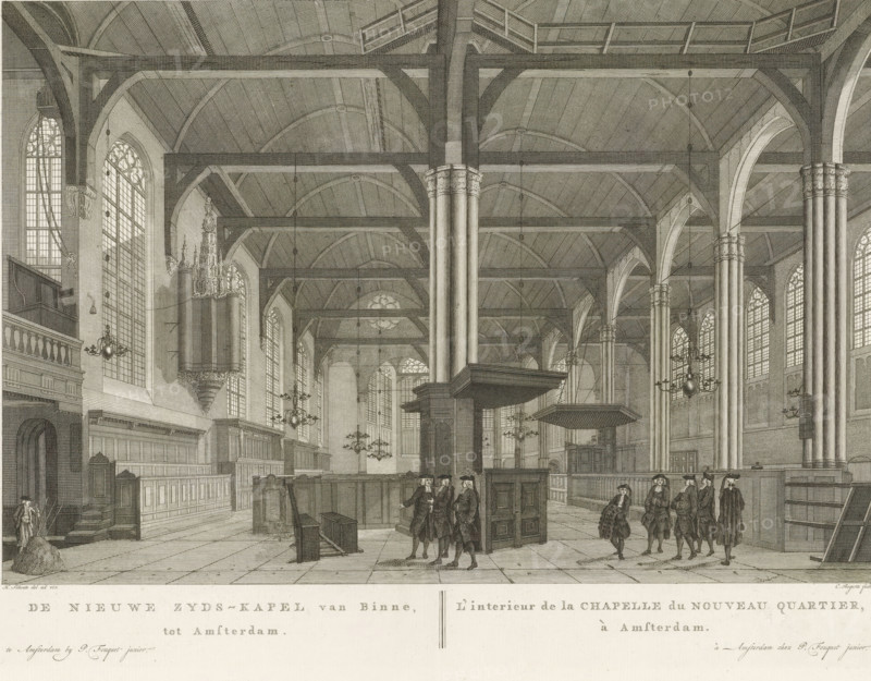 Interior of the Nieuwezijds Chapel in Amsterdam, The Nieuwe Zyds-Kapel van Binne, tot Amsterdam, L'interieur de la Chapelle du Nouveau Quartier, à Amsterdam, print, Interior of the Holy Place (Nieuwezijds Chapel), located between Kalverstraat and Rokin in Amsterdam. On the left, a man is digging a grave. Below the image, the title in Dutch and French. Numbered in the upper right: 48*., printmaker: Cornelis Bogerts, Amsterdam, after drawing by Hermanus Petrus Schouten, publisher: Pierre Fouquet, c. 1770 - 1783, Cornelis Bogerts, Hermanus Petrus Schouten, Pierre Fouquet, printmaker, after drawing by, publisher, paper, etching, engraving, height 294 mm x width 396 mm, This print was also used in the so-called Atlas of Fouquet.* From 1760 onwards, Pierre Fouquet published cityscapes of Amsterdam – based on drawings by various artists, made by various printmakers. These prints were initially sold individually or in series. As was customary at the time, the buyer could have the prints bound ...