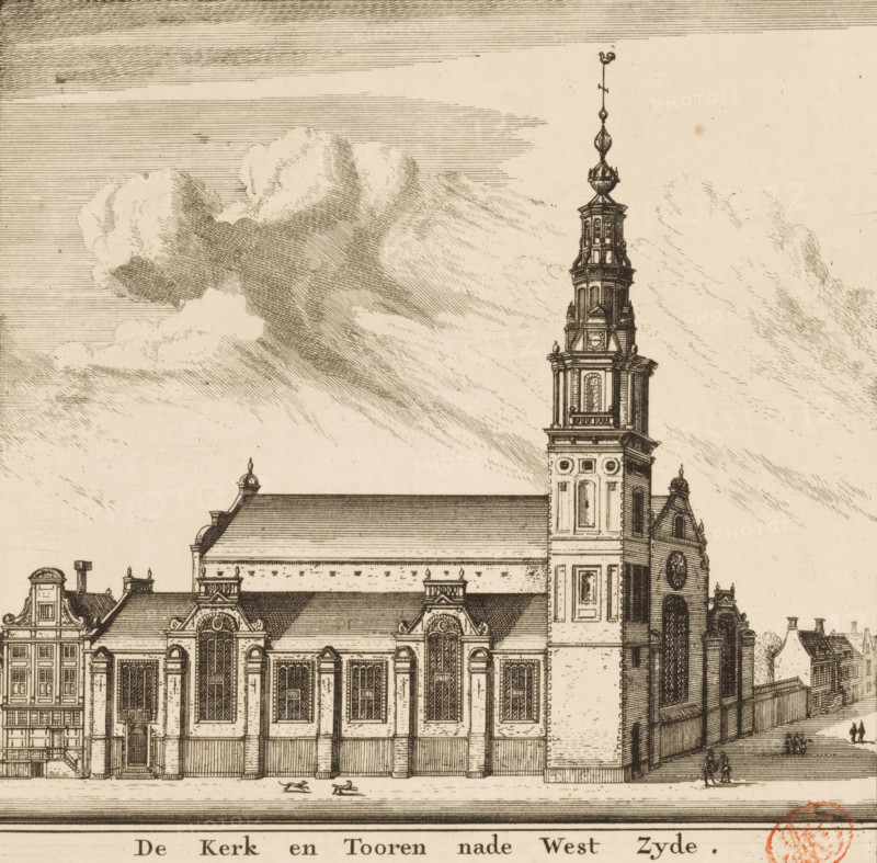 View of the west side of the Zuiderkerk in Amsterdam, The Church and Tower towards the West Side, print, View of the west side of the Zuiderkerk in Amsterdam. Several figures on the street., printmaker: Pieter van den Berge (possibly), Amsterdam, printmaker: Daniël Stopendaal (possibly), 1685 - 1737, paper, etching, engraving, height 168 mm x width 171 mm, An etching of a large ornate building with a tall detailed tower rising from one corner, featuring arched windows, decorative pediments, and a steep roof; the facade shows rows of tall windows set between pilasters and ornamental roofline elements, while small figures walk near the building and two small animals lie on the ground in front; the sky above contains textured clouds rendered with parallel and cross-hatched lines.