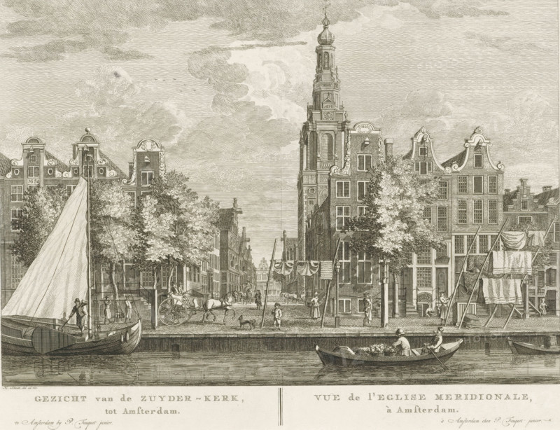 View of the Zuyder-Kerk, in Amsterdam, Vue de l'Eglise Meridionale, à Amsterdam, View of the Zuiderkerk in Amsterdam, seen from the Raamgracht, print, seen from the Raamgracht. In the foreground the canal and houses situated along it. In the middle the Zanddwarsstraat, where the Zuiderkerk is located. To the right of the center the church tower. Below the image the title in Dutch and French. Numbered in the upper right: 49., printmaker: Hermanus Petrus Schouten (possibly), Amsterdam, after drawing by Hermanus Petrus Schouten, publisher: Pierre Fouquet, c. 1770 - 1783, Hermanus Petrus Schouten, Pierre Fouquet, printmaker, after drawing by, publisher, paper, etching, engraving, height 268 mm x width 361 mm, This print was also used in the so-called Atlas of Fouquet.* From 1760 onwards, Pierre Fouquet published cityscapes of Amsterdam – based on drawings by various artists, made by various printmakers. These prints were initially sold individually or in series. As was customary at the tim...