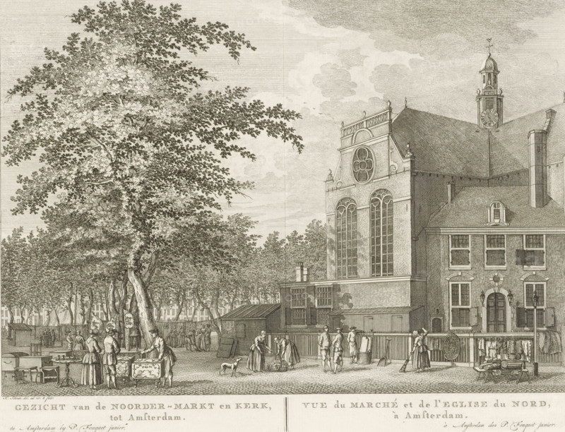 View of the Noordermarkt and Noorderkerk in Amsterdam, View of the Noorder-Markt and Church, in Amsterdam, Vue de Marché et de l'Eglise du Nord, à Amsterdam, print, View of the Noordermarkt and Noorderkerk in Amsterdam. Among other things, furniture, clothing, and fabrics are offered for sale at the market. Below the image, the title in Dutch and French. Numbered in the upper right: 51., printmaker: Hermanus Petrus Schouten, Amsterdam, after drawing by Hermanus Petrus Schouten, publisher: Pierre Fouquet, c. 1770 - 1783, Hermanus Petrus Schouten, Pierre Fouquet, printmaker, after drawing by, publisher, paper, etching, engraving, height 275 mm x width 363 mm, A detailed pen-and-ink scene shows a large tree with dense foliage on the left and an ornate brick building with tall arched windows and a decorative circular window on the right, a tower with a clock rising behind the roof, and a smaller attached house with rectangular windows and an arched doorway; in the foreground people in peri...