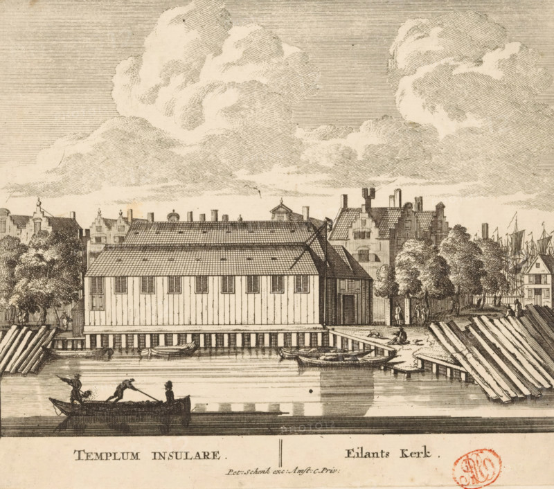 Templum Insulare, Eilants Kerk, View of the Eilandskerk in Amsterdam, 100 Illustrations of the most important buildings of Amsterdam, print, Series number, 25, 100, View of the Eilandskerk on Bickerseiland in Amsterdam, seen from the west. Below the image, the title in Latin and Dutch. Numbering in the lower right corner largely cut off 25., printmaker, grantor of privilege, Barent Greve, paper, etching, engraving, height 168 mm x width 193 mm, Current state of print also used in: 100 Illustrations of the most important buildings of Amsterdam. Amsterdam, Pieter Schenk (I), sa. 1757-1766.* *In the second edition, published by Barent Greve, only the title page has been modified. The other prints have remained unchanged., church (exterior), Amsterdam, Bickerseiland, Eilandskerk, A sepia-toned etching shows a waterfront scene with a large gabled building on stilts extending over the water, a row of smaller buildings and trees behind it, and several small rowboats moored along the dock and ...