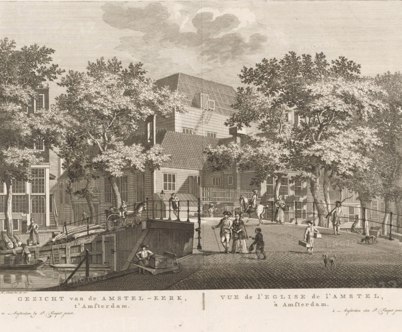 View of the Amstel Church, in Amsterdam, View of the Amstel Church in Amsterdam, print, View of the Amstel Church on the Amstelveld, at the corner of Kerkstraat and Reguliersgracht in Amsterdam. Various figures on the bridge in Kerkstraat. Including, to the right of the center, a possibly black begging boy. Below the image, the title in Dutch and French. Numbered in the upper right: 54., printmaker: Hermanus Petrus Schouten (possibly), Amsterdam, publisher: Pierre Fouquet, c. 1770 - 1783, paper, etching, engraving, height 285 mm x width 375 mm, This print was also used in the so-called Atlas of Fouquet.* From 1760 onwards, Pierre Fouquet published cityscapes of Amsterdam – based on drawings by various artists, made by various printmakers. These prints were initially sold individually or in series. As was customary at the time, the buyer could have the prints bound themselves. To this end, between 1778 and 1783, Fouquet published a title page, map, and table of contents of the 100 print...