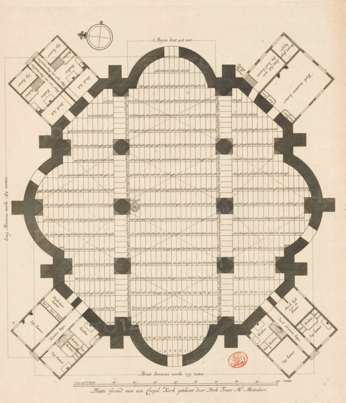 Floor plan of a domed church on the Botermarkt in Amsterdam, Floor Plan of a Dome Church drawn by Dirk Truer Mr. Metzelaer, design, print, Floor plan of a domed church for the Botermarkt, the current Rembrandtplein, in Amsterdam. At the bottom center a scale bar: 100 feet. Unexecuted architectural design., printmaker: Joost van Sassen, Amsterdam, after drawing by Dirk Truer, publisher: Reinier Ottens (I), publisher: Josua Ottens, 1736, paper, engraving, etching, height 341 mm x width 307 mm, interior of church, church (exterior), plan, architecture, Rembrandtplein, Botermarkt (Amsterdam), A detailed architectural floor plan rendered in ink on aged paper, showing a large symmetrical central hall with a rounded cloverlike outline and thick shaded perimeter walls, a grid of small rectangular bays filling the interior, dotted diagonal guides across the grid, and several solid shaded circular or octagonal column bases positioned within the hall; attached to the central hall at angled corner...
