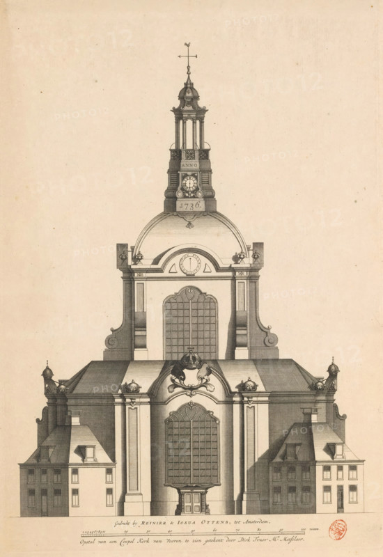 Structure of a Dome Church seen from the front, drawn by Dirk Truer Mr. Metselaer, Front view of a dome church on the Botermarkt in Amsterdam, design, print, Front view of a dome church in front of the Botermarkt, the current Rembrandtplein, in Amsterdam. At the bottom center a scale bar: 100 feet. Unexecuted architectural design., printmaker: Joost van Sassen, Amsterdam, after drawing by Dirk Truer, publisher: Reinier Ottens (I), publisher: Josua Ottens, 1736, paper, etching, engraving, height 435 mm x width 299 mm, church (exterior), exterior, architectural design or model, Rembrandtplein, Botermarkt (Amsterdam), A detailed architectural drawing of the upper portion of a classical building centered on a large arched window flanked by tall pilasters and ornate scrollwork, topped by a rounded dome section with a circular decorative element and further surmounted by a tall multi-tiered tower with a small clock face and a weather vane at its peak; symmetrical side wings with mansard-styl...