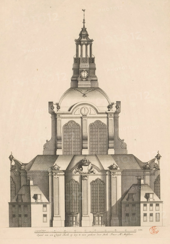 Side view of a domed church on the Botermarkt in Amsterdam, Structure of a Dome Church on Zey shown drawn by Dirk Truer Mr. Metselaer, design, print, Side view of a domed church in front of the Botermarkt, the current Rembrandtplein, in Amsterdam. At the bottom center a scale bar: 100 feet. Unexecuted architectural design., printmaker: Joost van Sassen, Amsterdam, after drawing by Dirk Truer, publisher: Reinier Ottens (I), publisher: Josua Ottens, 1736, paper, etching, engraving, height 421 mm x width 304 mm, church (exterior), exterior, architectural design or model, Rembrandtplein, Botermarkt (Amsterdam), A detailed ink drawing of the upper portion of a large classical building with a central dome topped by a tall ornate tower and a small weather vane. The façade features tall arched windows with decorative tracery, fluted pilasters, and heavy cornices. Decorative cartouches, scrollwork, and sculptural elements adorn the roofline and pediments. Flanking the central section are symmet...