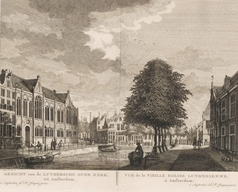 View of the Old Lutheran Church in Amsterdam, View of the Old Lutheran Church, in Amsterdam, Vue de la Vieille Eglise Lutherienne, à Amsterdam, print, On the left the Old Lutheran Church, located on the corner of the Spui and the Singel in Amsterdam, seen from the Spui side. Below the image the title in Dutch and French. Numbered in the upper right: 59., printmaker: Hermanus Petrus Schouten (possibly), Amsterdam, publisher: Pierre Fouquet, c. 1770 - 1783, paper, etching, engraving, height 279 mm x width 373 mm, This print was also used in the so-called Atlas of Fouquet.* From 1760 onwards, Pierre Fouquet published cityscapes of Amsterdam – based on drawings by various artists, made by various printmakers. These prints were initially sold individually or in series. As was customary at the time, the buyer could have the prints bound themselves. To this end, between 1778 and 1783, Fouquet published a title page, map, and table of contents of the 100 prints published so far (1). Given that...