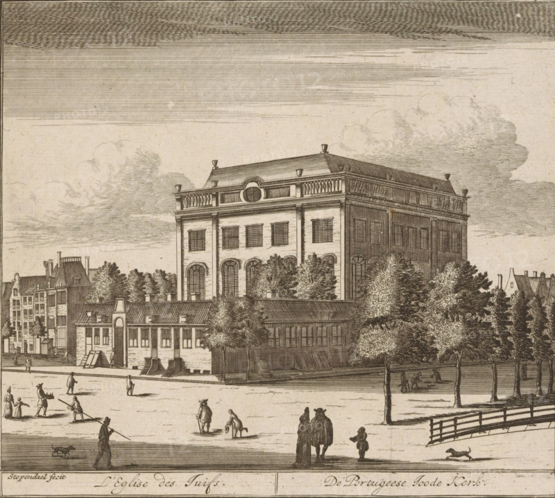 The Church of the Jews, The Portuguese Jewish Church, View of the Portuguese Synagogue in Amsterdam, print, book illustration, with Rapenburgerstraat on the left and Deventer Houtmarkt (the current Jonas Daniël Meijerplein) on the right. Various figures are depicted. Numbered top right: Page 160. Below the image, the title in Dutch and French., check stamp: 'Archief Ministerie van Oorlog Afdeeling Genie', printmaker: Daniël Stoppendaal, Amsterdam, publisher: Covens & Mortier & Covens Jr. (possibly), 1685 - 1726, 1772, Daniël Stopendaal, paper, etching, engraving, height 173 mm x width 196 mm, Current state of print also used in: Le guide, ou nouvelle description d'Amsterdam, enseignant aux voyageurs, et aux negocians (…) Avec une description de sa belle Maison de Ville (…). Amsterdam: Covens & Mortier & Covens Jr., p. 160., the Synagogue (as building and place of worship, Jewish religion), street (city(-scape) with figures, staffage), 'Sephardim', Jewish communities, Portuguese Synagog...