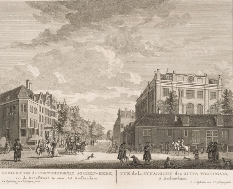 View of the Portuguese Synagogue in Amsterdam, View of the Portuguese Jewish Church, seen from the Breestraat, to Amsterdam, Vue de la Synagogue des Juifs Portugais, à Amsterdam, print, seen from the Jodenbreestraat. Below the image, the title in Dutch and French. Numbered in the upper right: 62., printmaker: Caspar Jacobsz. Philips (possibly), Amsterdam, after drawing by Jan de Vlaming (possibly), publisher: Pierre Fouquet, 1768 - 1783, paper, etching, engraving, height 285 mm x width 376 mm, This print was also used in the so-called Atlas of Fouquet.* From 1760 onwards, Pierre Fouquet published cityscapes of Amsterdam – based on drawings by various artists, made by various printmakers. These prints were initially sold individually or in series. As was customary at the time, the buyer could have the prints bound themselves. To this end, between 1778 and 1783, Fouquet published a title page, map, and table of contents of the 100 prints published up to that point (1). Given that the con...