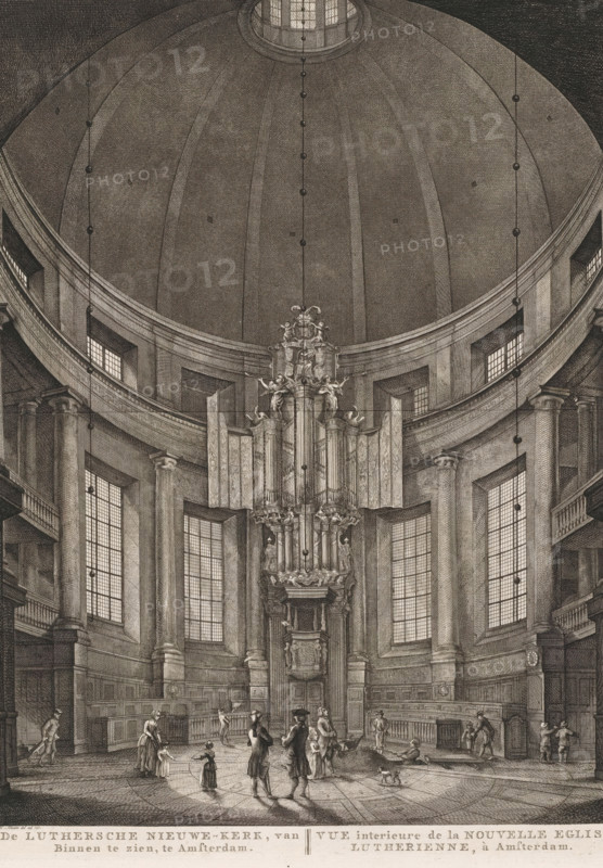 The Lutheran New Church, Viewed from the Inside, in Amsterdam, Interior View of the New Lutheran Church in Amsterdam, print, Interior of the Round Lutheran Church, also known as the New Lutheran Church or the Dome Church, on the Singel in Amsterdam. To the right of the center, a grave is being dug. Various figures in the church. Below the image, the title in Dutch and French. Numbered in the upper right: 61*., printmaker: Hermanus Petrus Schouten (possibly), Amsterdam, publisher: Pierre Fouquet, c. 1770 - 1783, paper, etching, engraving, height 378 mm x width 290 mm, This print was also used in the so-called Atlas of Fouquet.* From 1760 onwards, Pierre Fouquet published cityscapes of Amsterdam – based on drawings by various artists, made by various printmakers. These prints were initially sold individually or in series. As was customary at the time, the buyer could have the prints bound themselves. To this end, between 1778 and 1783, Fouquet published a title page, map, and table of co...